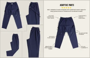 Adaptive men’s pants featuring a patented inseam zipper for quick, discreet access to incontinence products and medical devices.