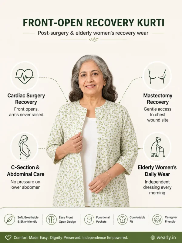 Women's Easy Access Front Open Adaptive Kurti with Velcro Closure for Seniors