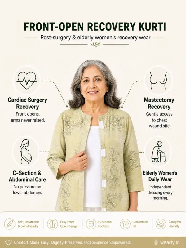 Front Open Cotton Adaptive Kurti for Patient Care | Easy Velcro Closure for Women