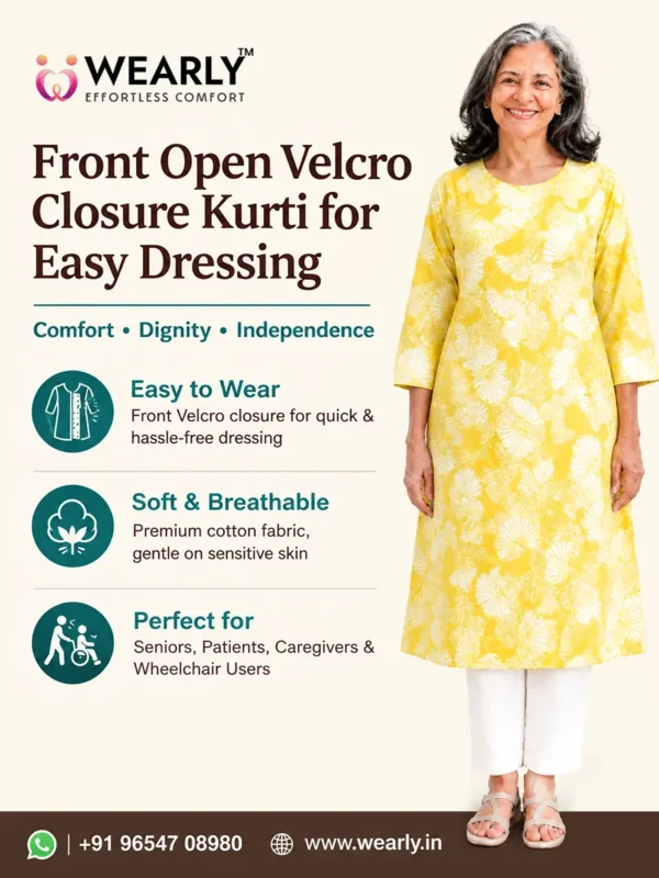 Wearly-Women Cotton Front Open Velcro Closure Kurti for Easy Dressing-01 Wearly: Cotton Front Open Kurti for Easy Dressing - wearly