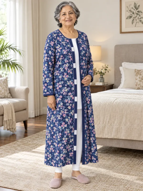 Women’s Winter Patient Nighty – Front-Open Pashmina Gown for Elderly & Post-Surgery Care Women’s Winter Patient Nighty – Front-Open Pashmina Gown for Elderly & Post-Surgery Care